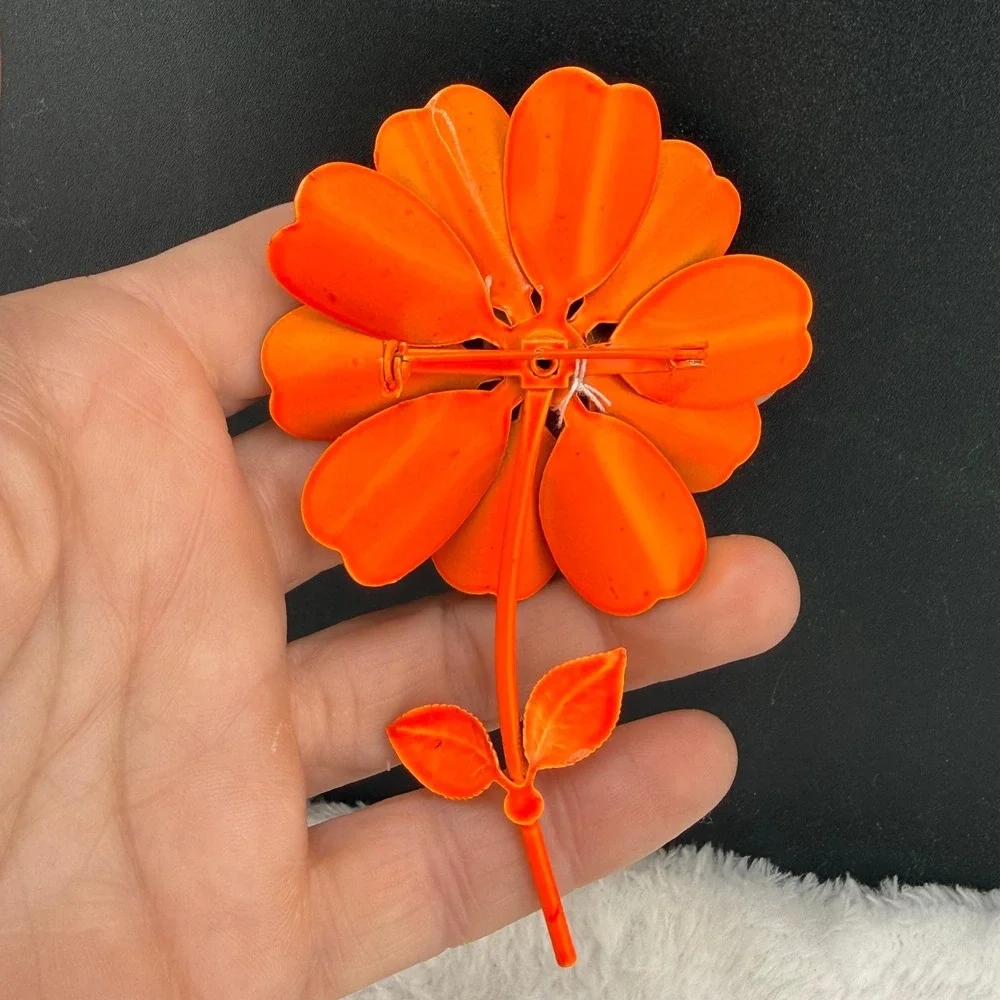 Vintage Enamel Flower Brooch Mod Pop Orange Layered Petal Retro